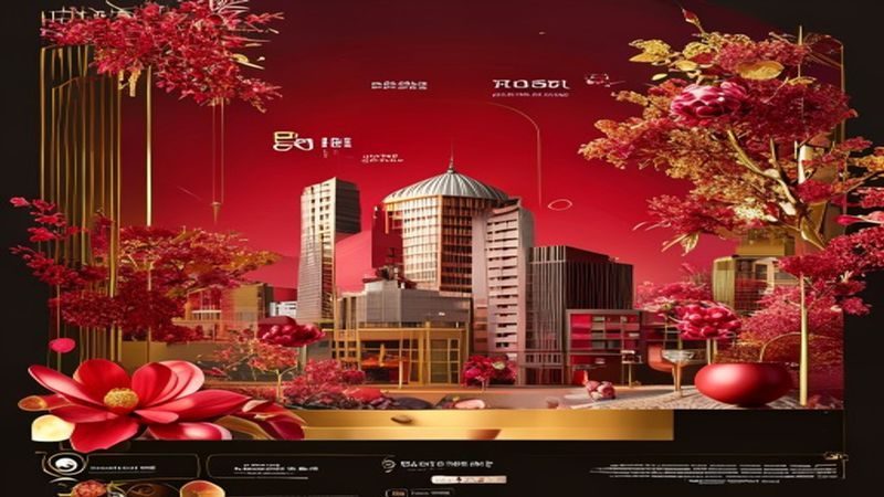 探花社区品牌宣传视频封面，展现平台核心功能与用户互动场景，玫红与金色视觉风格突出品牌调性