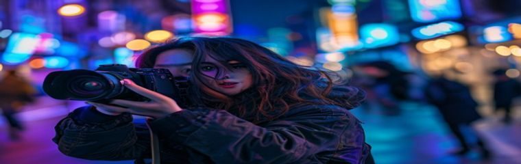 探花社区摄影达人陈小语在城市街头拍摄，手持相机、眼神专注，背景是霓虹灯闪烁的夜晚街景