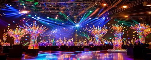 探花社区荣获2026年度最佳兴趣社交平台奖项颁奖现场，舞台灯光璀璨、奖杯金光闪闪